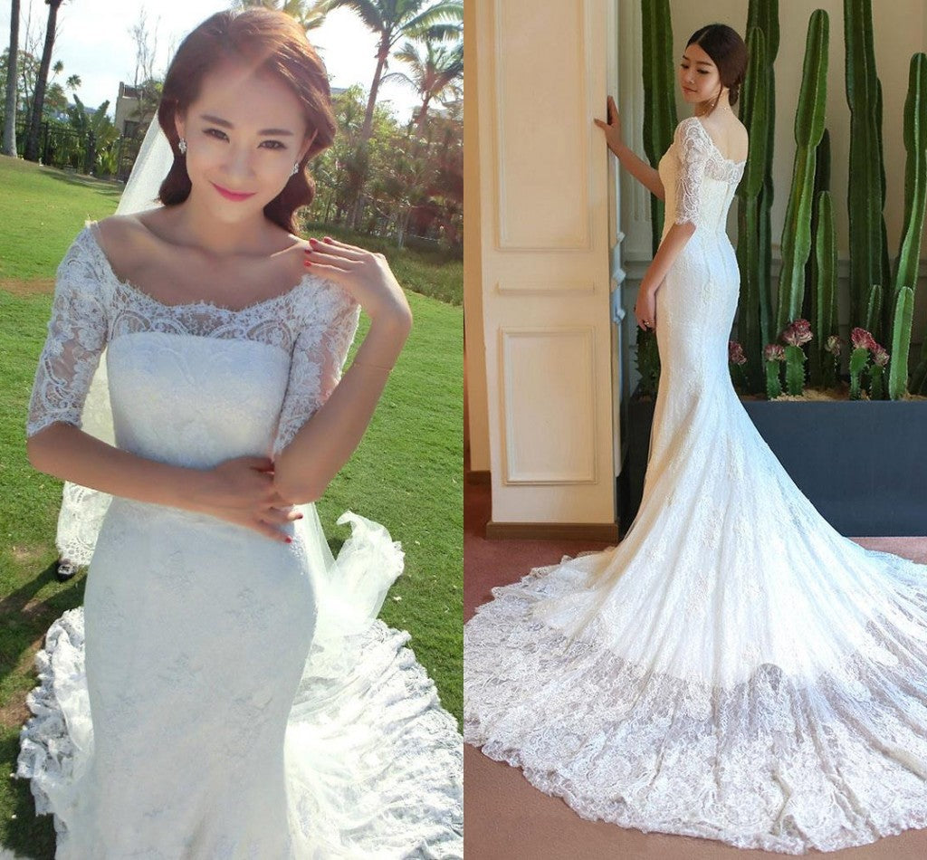 boat neck mermaid wedding dress