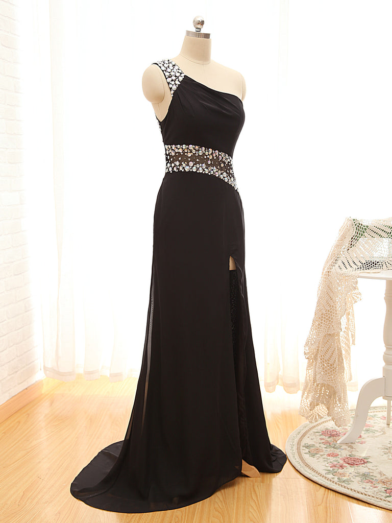 black one shoulder dress with split