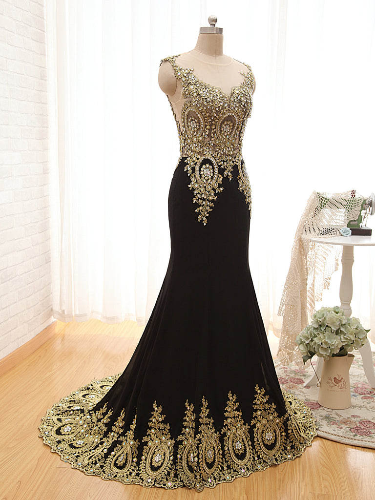 black and gold lace prom dress