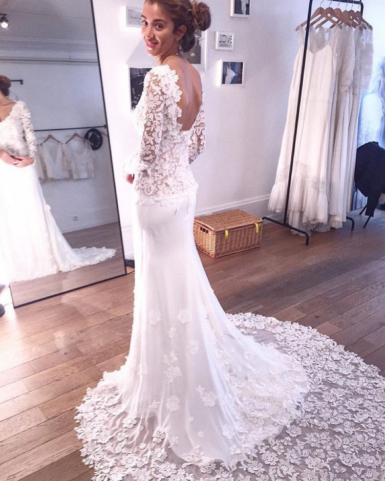 backless lace sleeve wedding dress