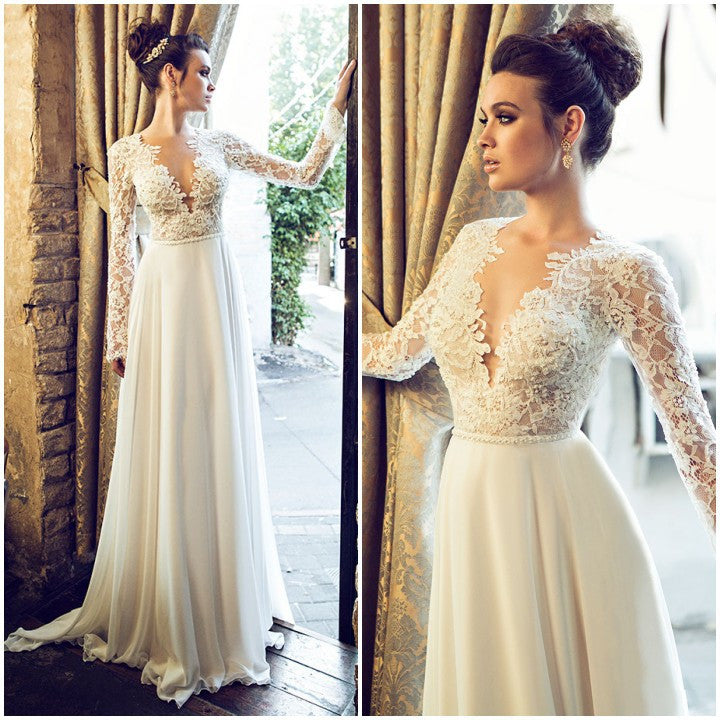 a line v neck long sleeve wedding dress