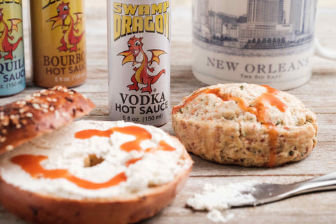 Vodka hot sauce with bagels and scones
