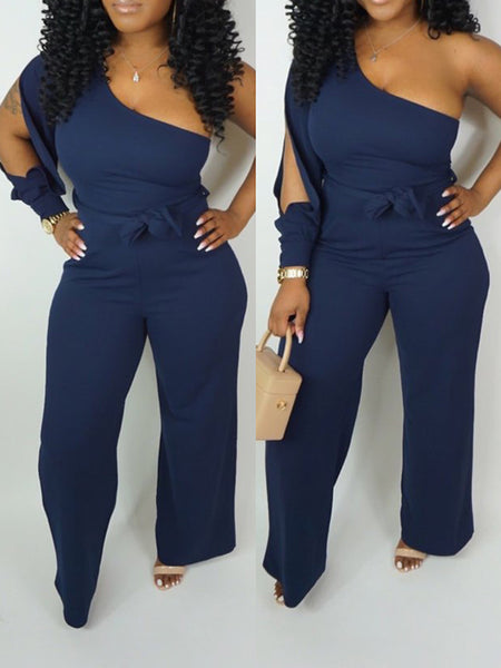 off one shoulder pierced belted wide leg jumpsuit