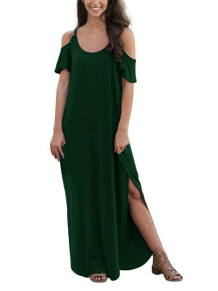 green cold shoulder maxi dress