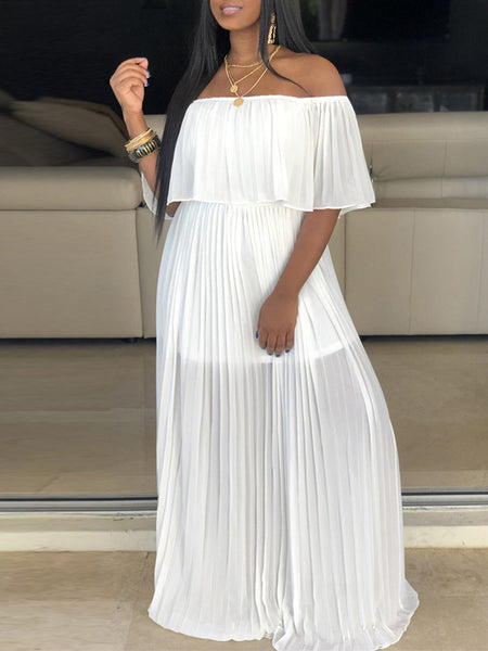 off the shoulder pleated maxi dress