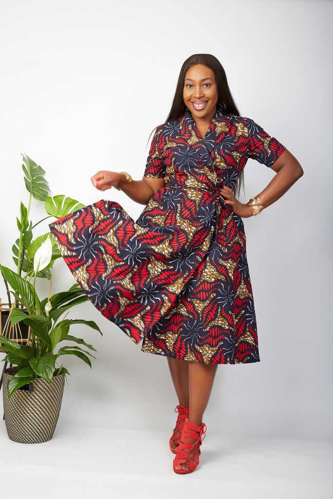 Vibrant African print Maroon Midi summer dress - Shop Kargozary African fashion clothing brand