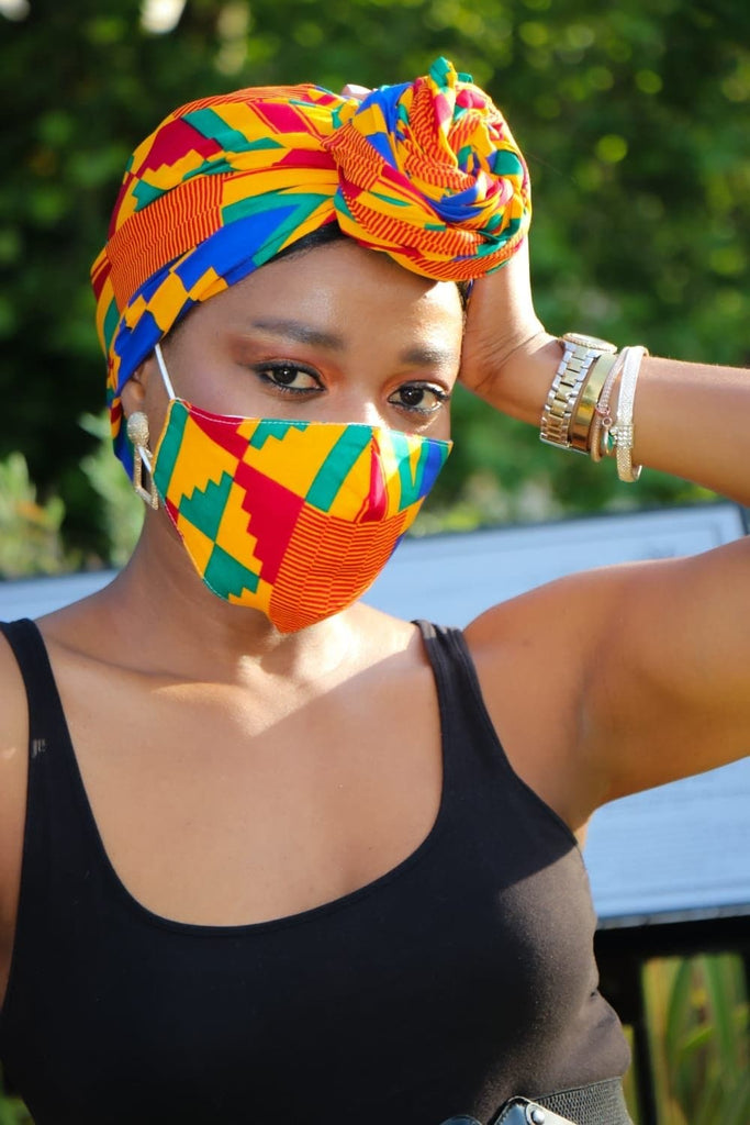 African Print Kente Facemask and Headwrap Set - Ashanti - African Clothing from Kargozary