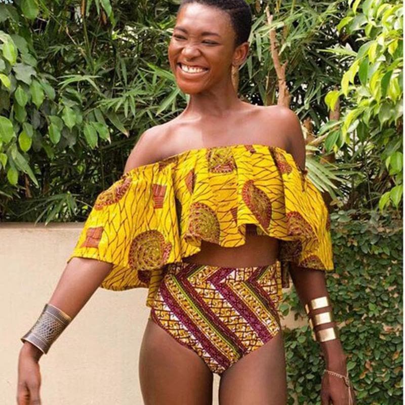 African print high waisted bikini off shoulder swimsuit - African Clothing from Kargozary