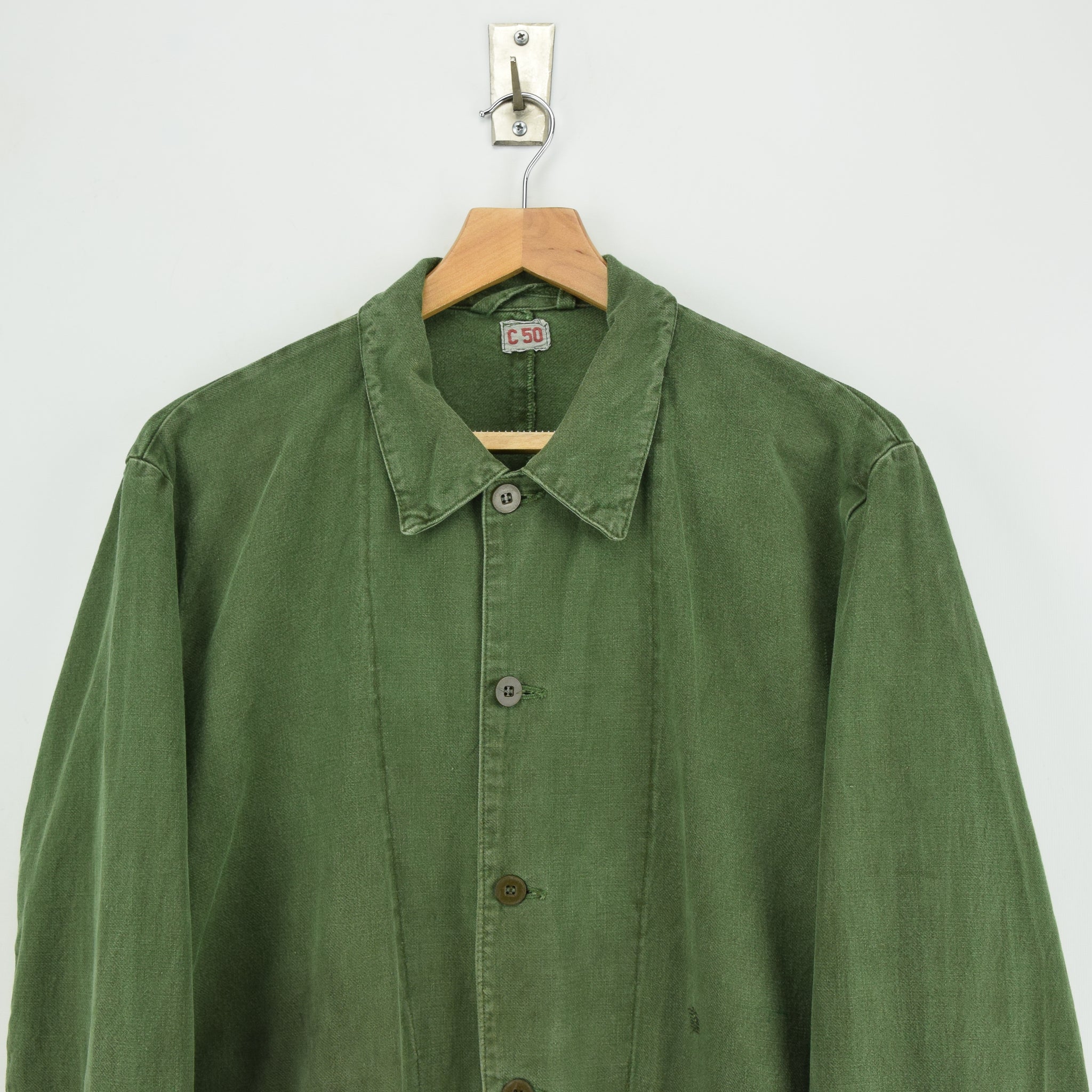 Vintage Swedish Worker Style Green Distressed Military Cotton Field Jacket M / L chest