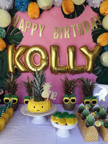 gold letter balloons, balloon banner, pineapple party, krista Orton