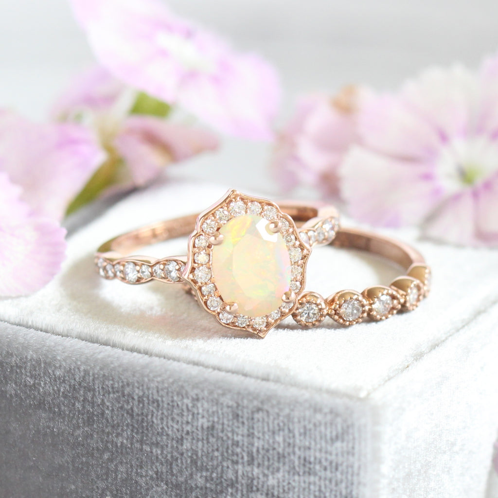 opal ring bridal set in rose gold vintage floral diamond ring setting by la more design
