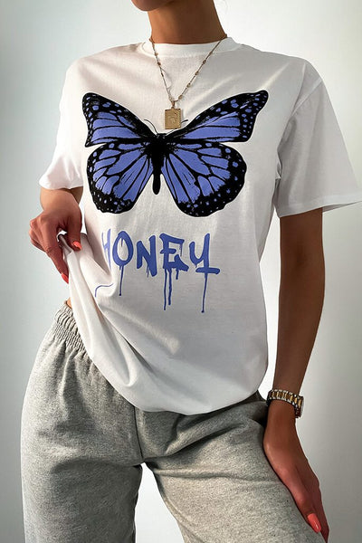 White Graffiti Honey Butterfly Graphic Oversized T-Shirt