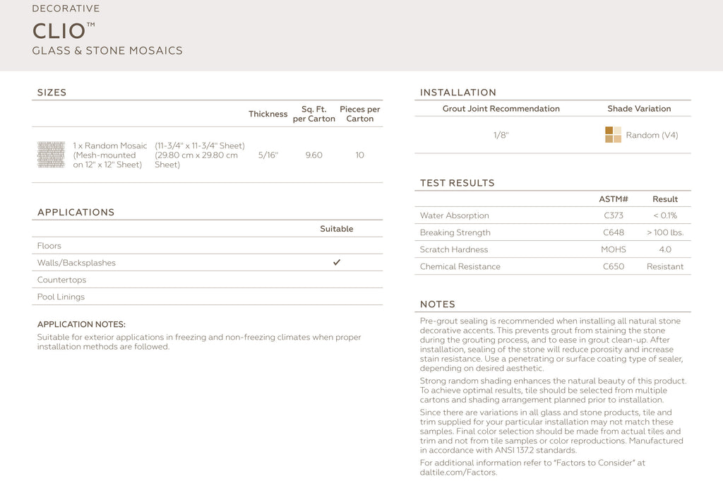 Daltile Clio Mosaic Specs