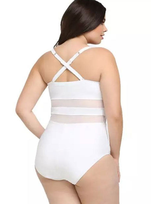 Tredive knap blad White Mesh Panel Crisscross Back One Piece Plus Size Swimsuit | Plus Trendy