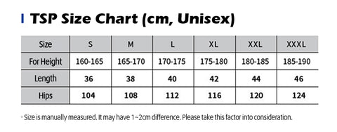 TSP Table Tennis Short Size Chart