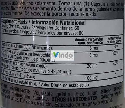 L-Tryptophan Plus 60 cápsulas Healthy America tabla nutricional