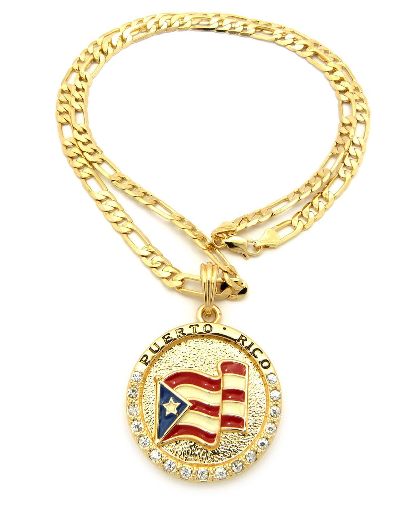 Puerto Rico Flag Pendant 5mm 24 Figaro Chain Necklace Gold Tone