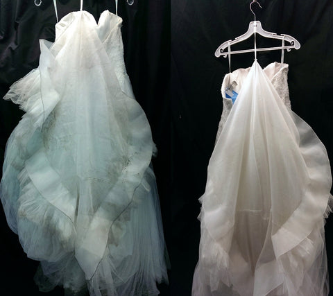 Wedding gown cleaning before and after picture, Sunshine Cleaners.
