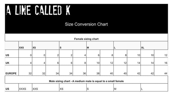 A Line Called K Sizing chart