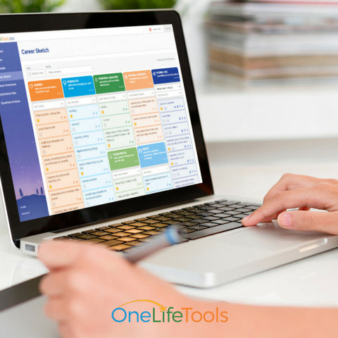 Laptop showing Online Storyteller and Career Sketch, part of OneLifeTools narrative assessment framework