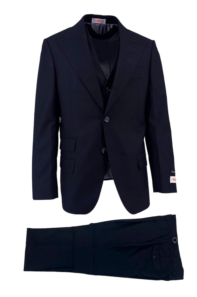 Black Marbella Semi-Wide Pure Wool Suit & Vest by Rosso TI Tiglio