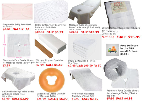Spa supplies warehouse sale, spa sheets clearance, waxing supplies sale, massage therapy sale
