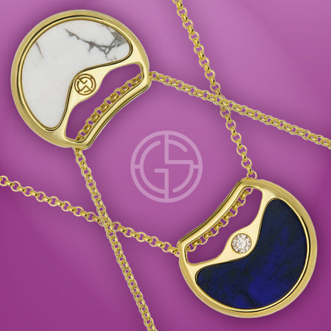 Howlite and Lapis Lazuli reversible necklaces, Magic Quad collection by Gems In Style. 925 Silver, gold plating