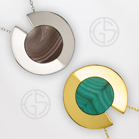 Agate and Malachite gemstone necklaces, Athena Aegis collection by Gems In Style.
