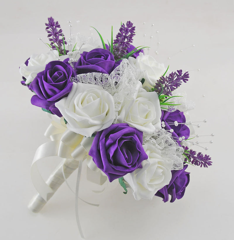 Brides Purple & Ivory Rose Wedding Bouquet with Lavender