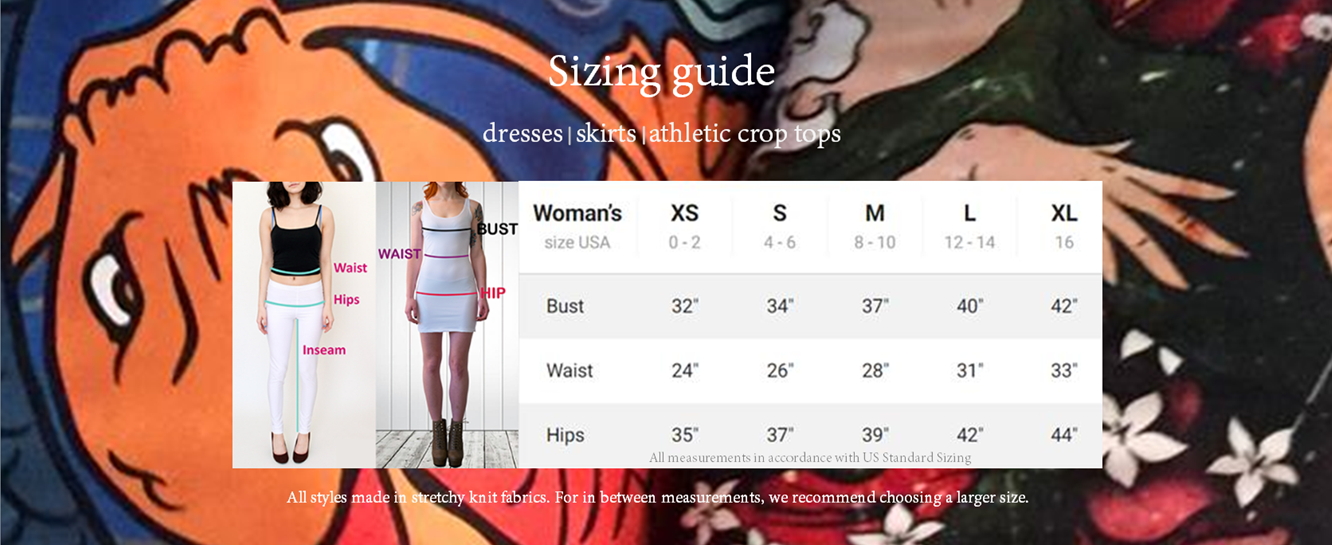 Dresses, Skirts. Crop Tops Sizing Charts
