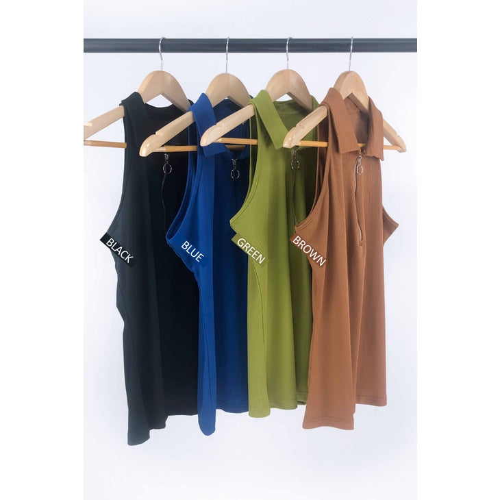 Black Collar Neckline Zipper Solid Knit Tank Top