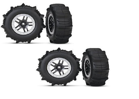 Traxxas Slash 4x4 Paddle Tires with Silver beadlock and Black Split Spoke wheels Set of 4!!