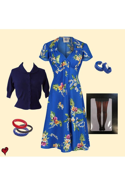 40s Blue Floral Tea Dress Look 
