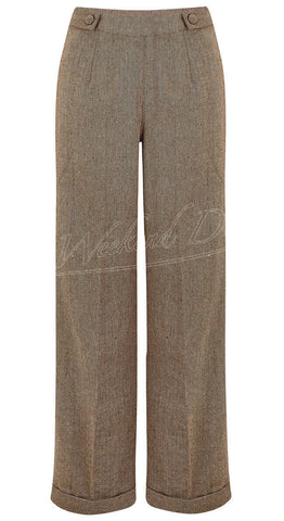 Vintage Style High Rise Herringbone Brown Trousers 