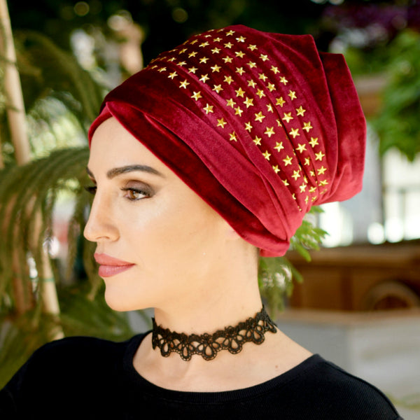 Modest Fashion Mall turbans head coverings head wraps mood style blog article star velvet red