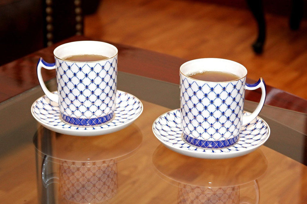 2 Russian Cobalt Blue Net Tea Cup Coffee Mug St Petersburg 24K Gold Bone China 