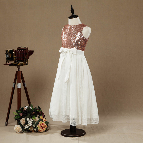 white and rose gold flower girl dress