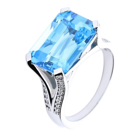 Palladium Blue Topaz Diamond Rectangle Ring