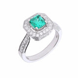 White gold emerald ring with diamond halo and diamond shoulders | Rock Lobster Jewellery