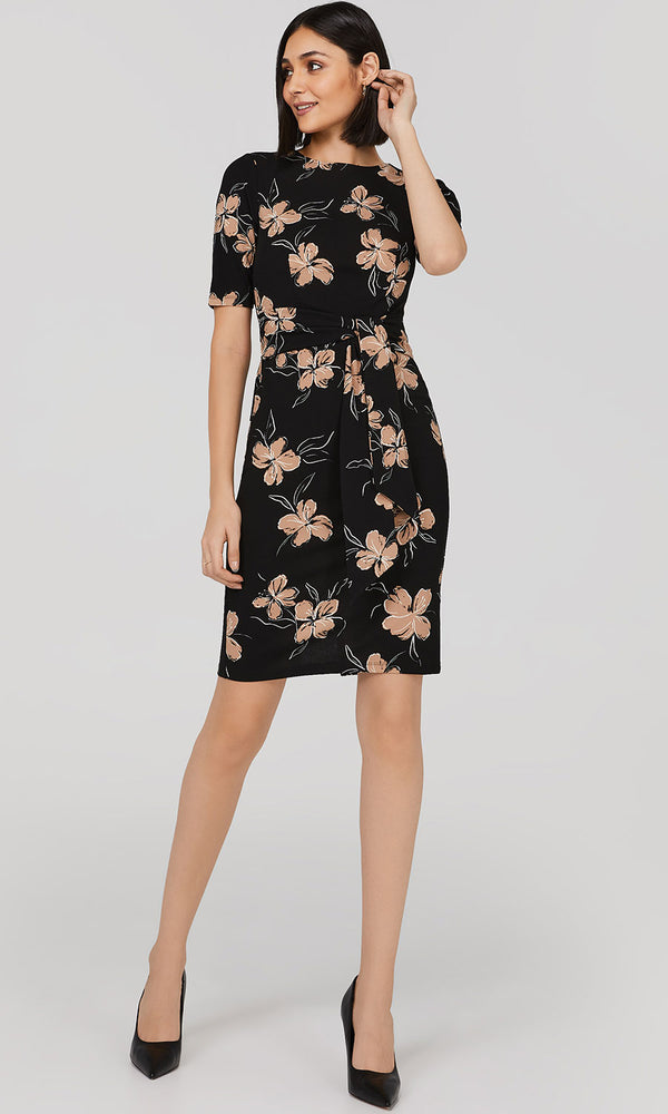 Floral Tie-Front ¾ Sleeve Sheath Dress