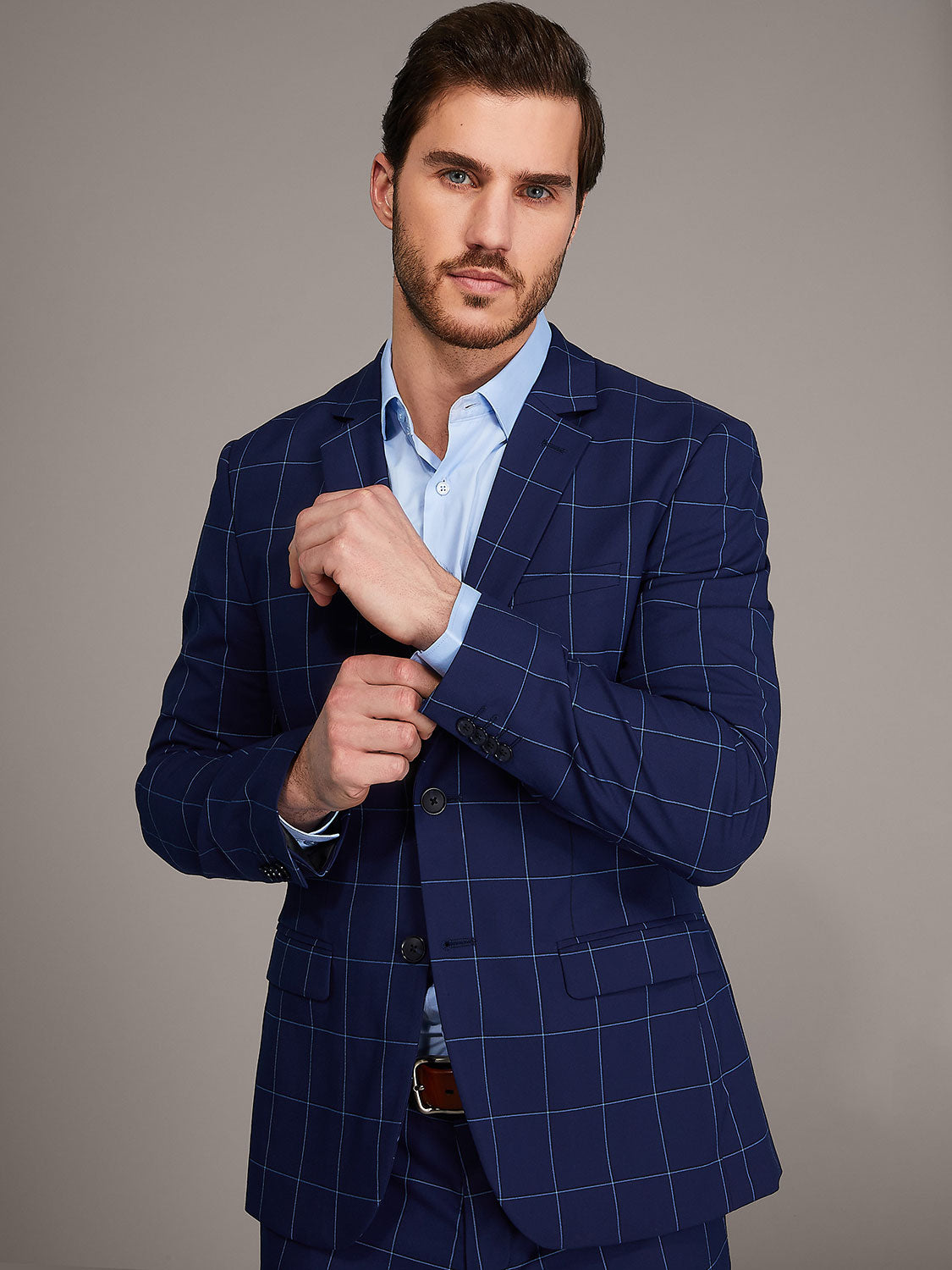 Windowpane Print Two-Button Slim Fit Suit Jacket