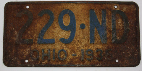 1936 Vintage Original OHIO License Plate 229-ND