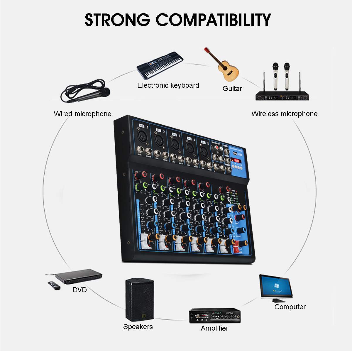 Professional Mixer Bluetooth Audio Mixer with USB DJ Sound Mixing Console MP3 Jack 7 Channel Karaoke Amplifier For TV Music Party - MASS Wholesalers