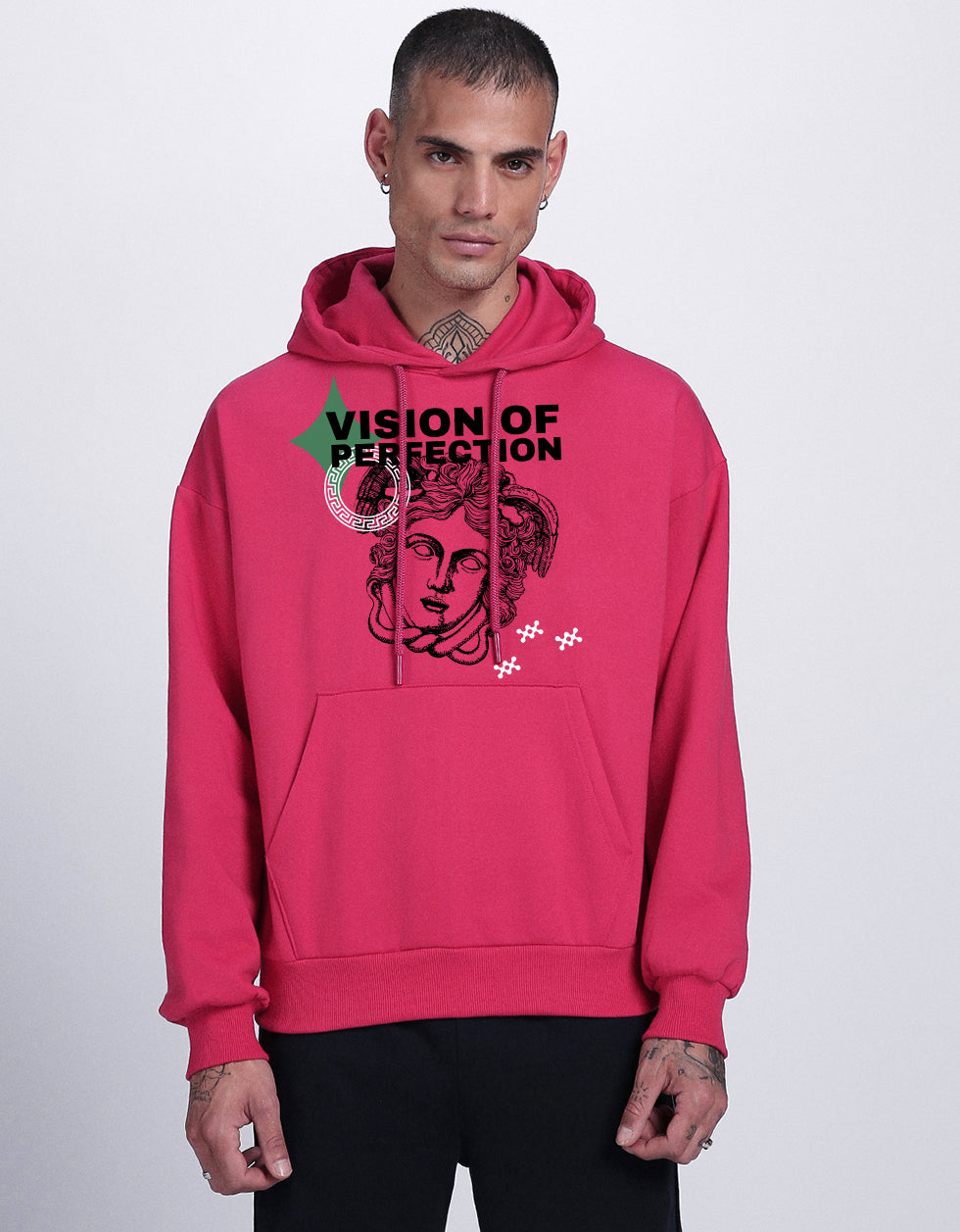 Illusionary Charm: Men's World of Illusion Magenta  Hooded Sweatshirt Veirdo
