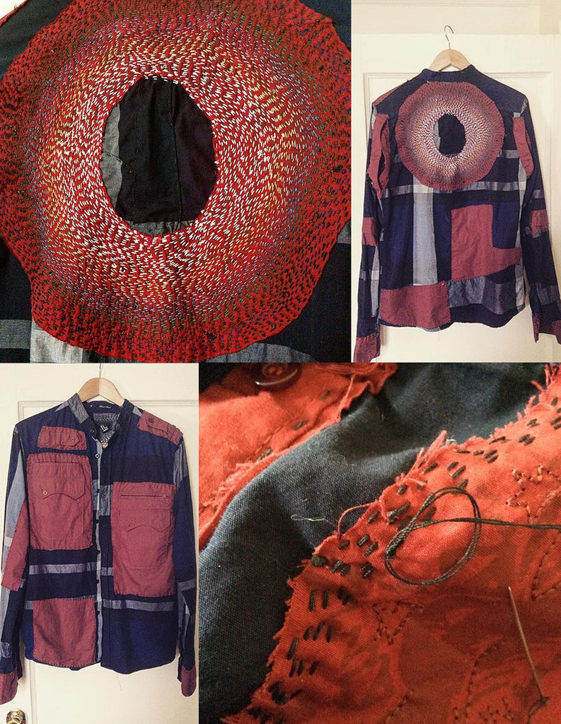 collage of images of a red and blue shirt pieced together with lots of stitching