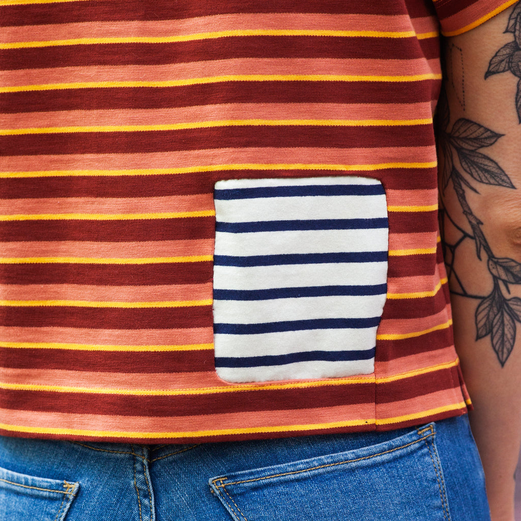 stripe shirt with stripe patch, close up, and tightly cropped on body