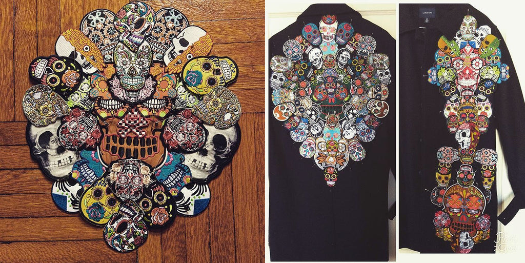 skull patches arranged in a mandala on a coat