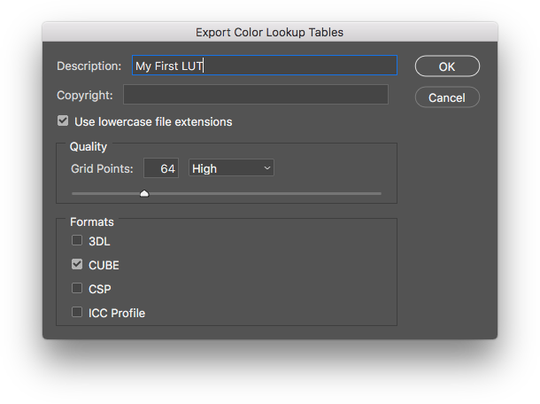 Export settings in photoshop for Final Cut Pro X LUTS