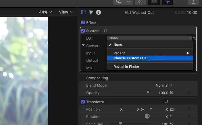Choosing a custom LUT in Final Cut Pro X