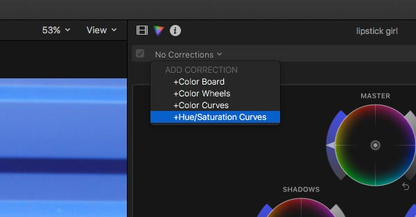 FCXP color correction drop down menu